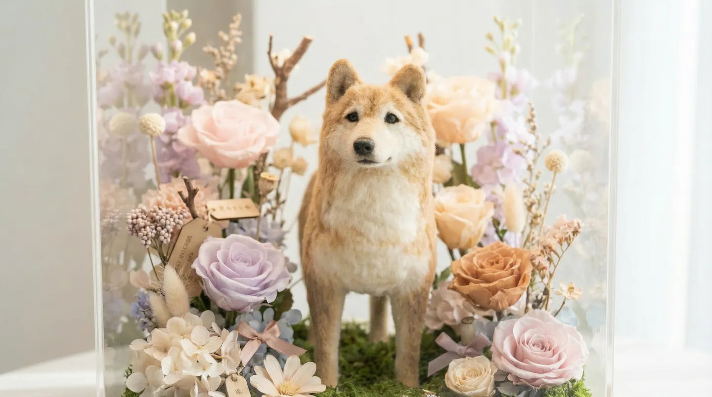 Handcrafted_wool_felt_dog_portrait_displayed_in_a_miniature_pet_memorial_scene_with_flowers_and_greenery_inside_a_clear_acrylic_display_box_in_soft_morning_light