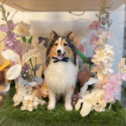 Memory World custom wool felt pet memorial keepsake, Shetland Sheepdog with preserved flowers Sydney