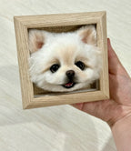 Miniature needle felted white Pomeranian portrait, handcrafted wool dog art in natural wood frame
