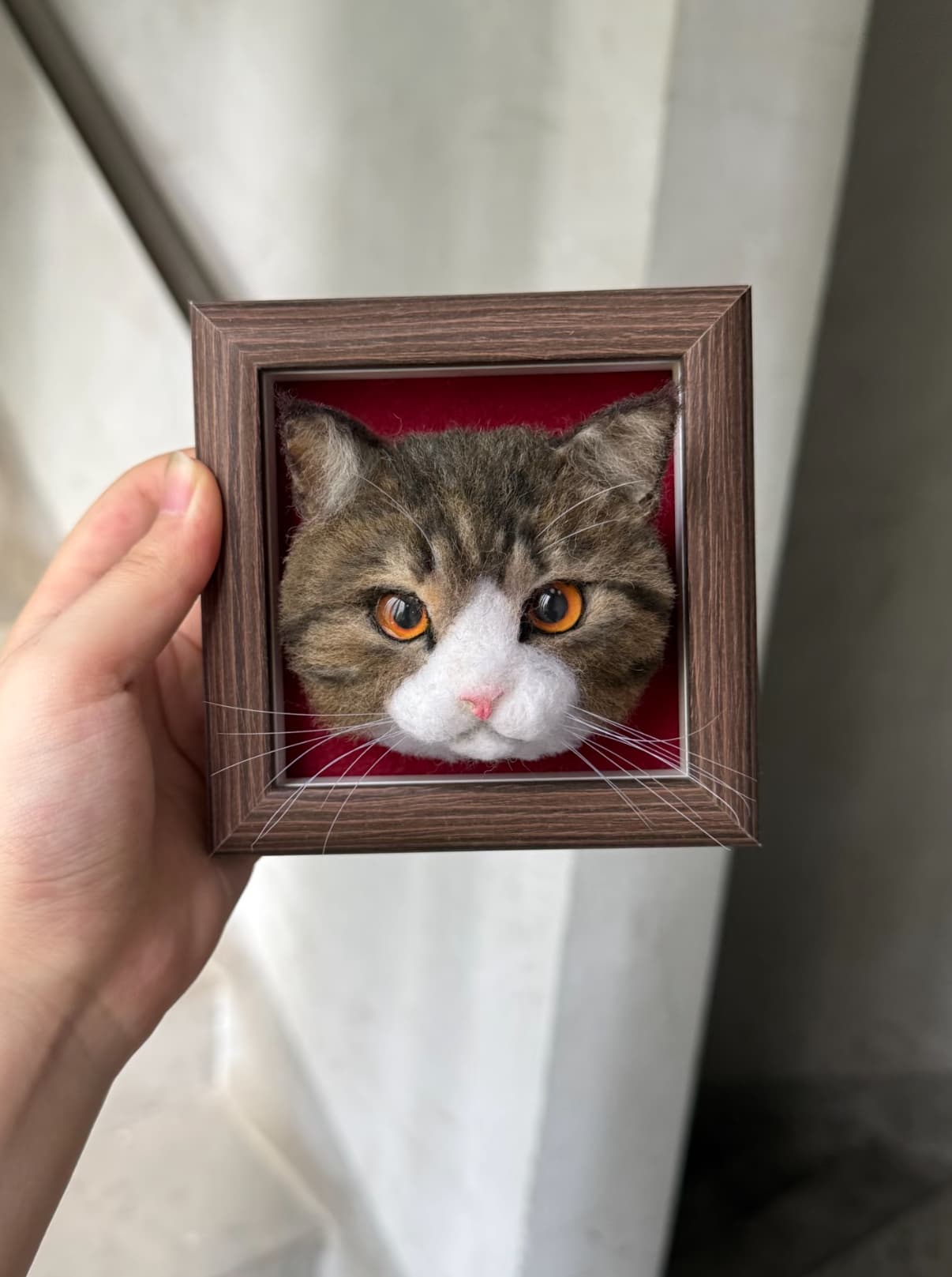 Realistic felted tabby cat portrait with orange eyes, 3D wool sculpture in walnut frame with red background