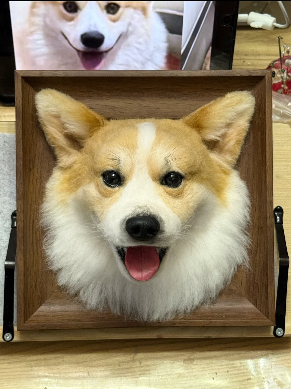 Custom felted Corgi portrait in shadow box frame, handcrafted wool sculpture of smiling Corgi dog