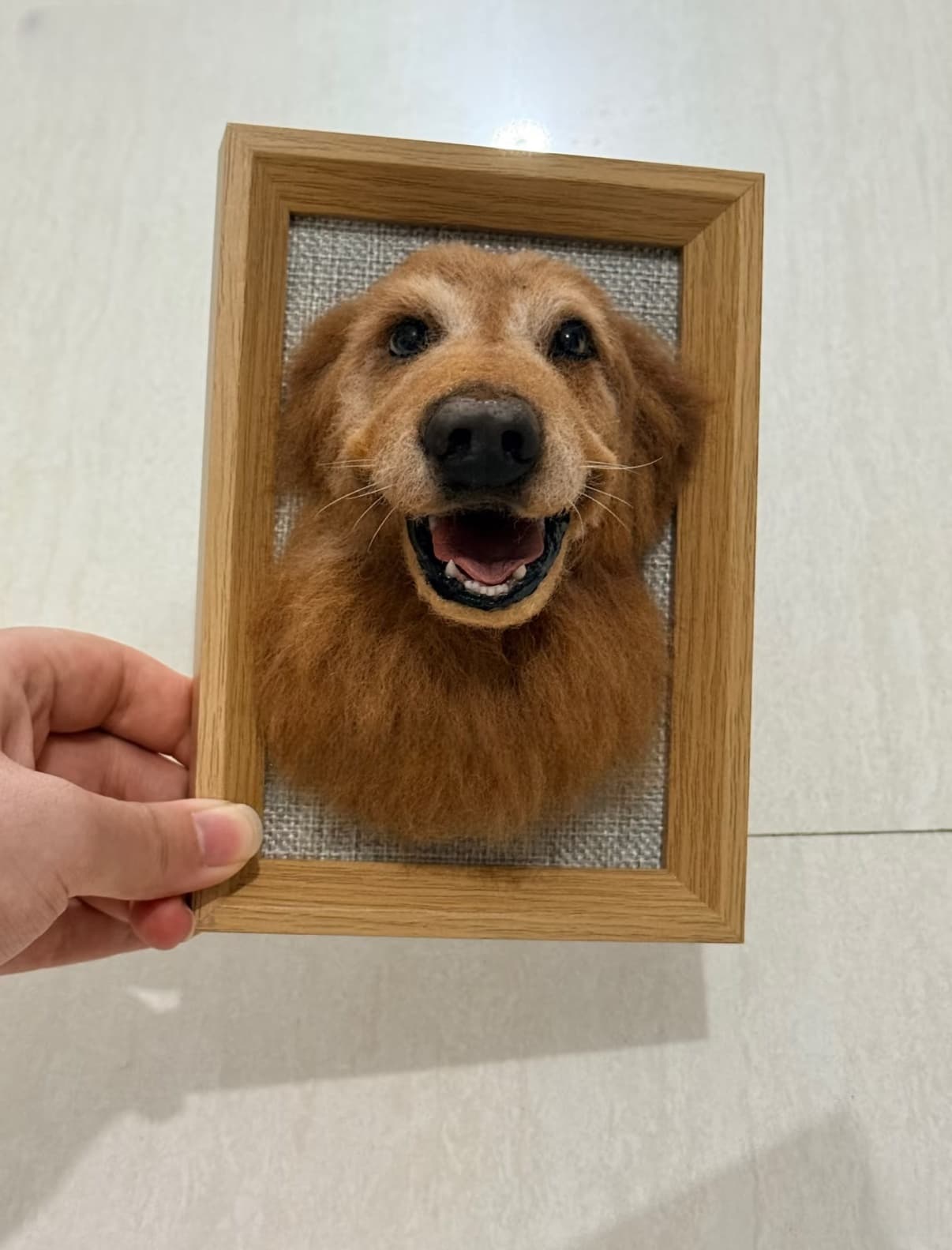 Handmade needle felted Golden Retriever portrait in wooden frame, realistic 3D wool felt dog art
