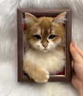 3D needle felted ginger cat portrait in dark wood frame, realistic handmade wool pet art with whiskers