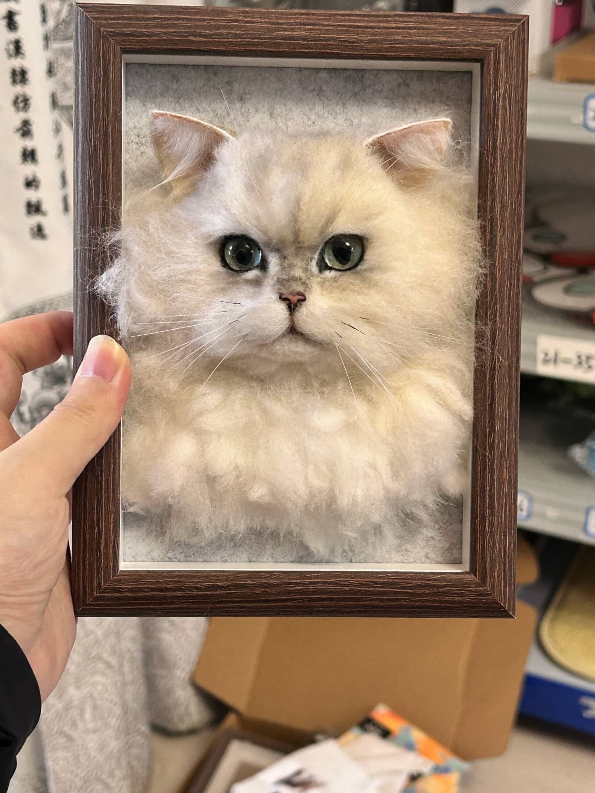 Fluffy Persian cat wool felt portrait, handmade needle felted cat art in rustic brown frame